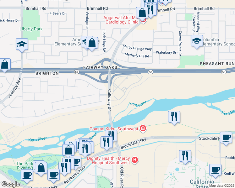 map of restaurants, bars, coffee shops, grocery stores, and more near 350 Calloway Drive in Bakersfield