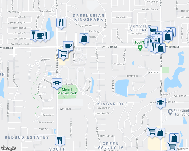 map of restaurants, bars, coffee shops, grocery stores, and more near 1348 Southwest 109th Place in Oklahoma City