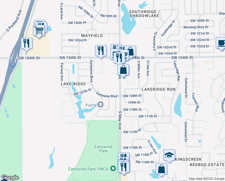 map of restaurants, bars, coffee shops, grocery stores, and more near 10615 South May Avenue in Oklahoma City