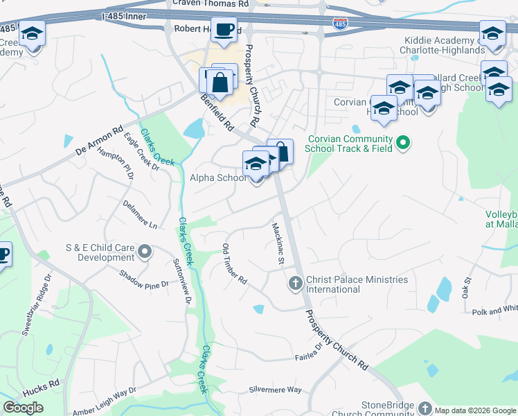 map of restaurants, bars, coffee shops, grocery stores, and more near 5102 Stone Park Drive in Charlotte