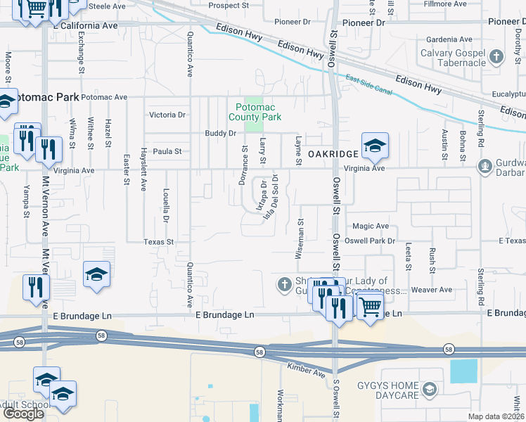 map of restaurants, bars, coffee shops, grocery stores, and more near 117 Ixtapa Drive in Bakersfield