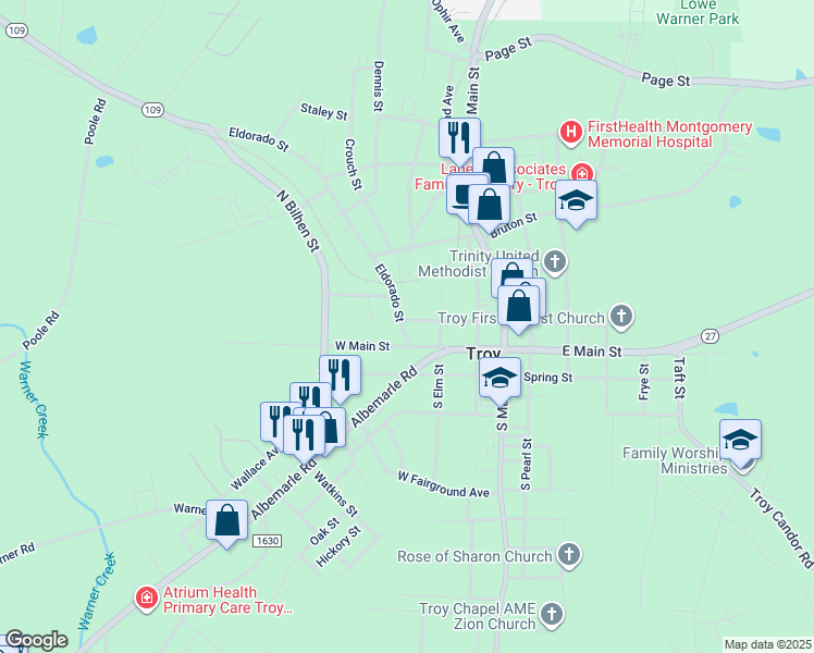 map of restaurants, bars, coffee shops, grocery stores, and more near 335 West Chestnut Street in Troy