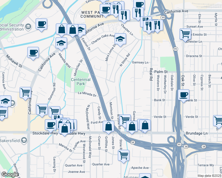 map of restaurants, bars, coffee shops, grocery stores, and more near 223 North Stine Road in Bakersfield