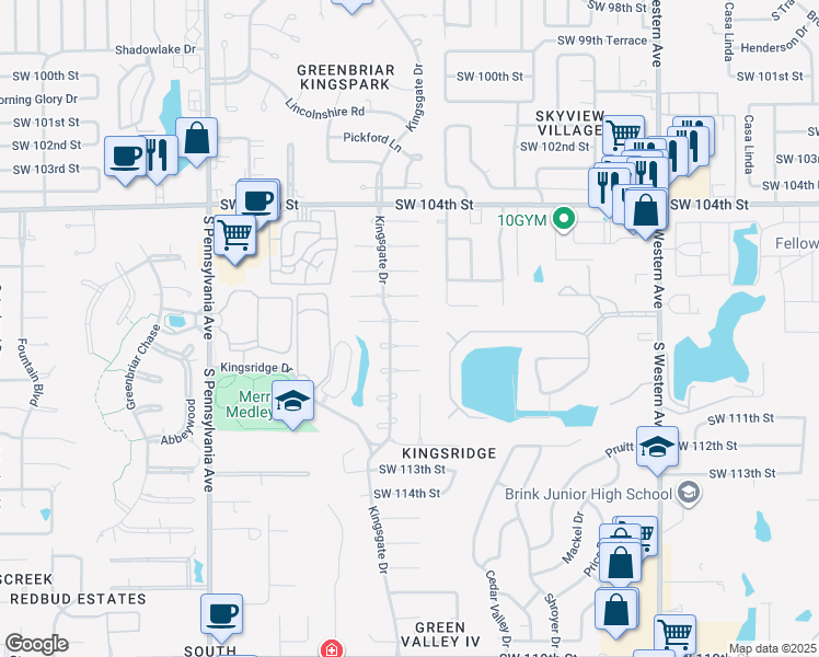 map of restaurants, bars, coffee shops, grocery stores, and more near 11000 Kingsgate Drive in Oklahoma City