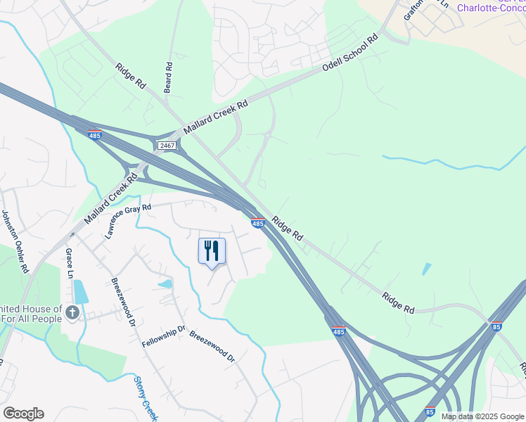 map of restaurants, bars, coffee shops, grocery stores, and more near 12801 Mallard Creek Road in Charlotte