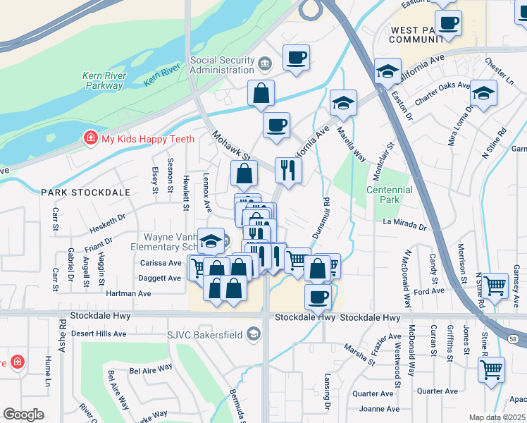 map of restaurants, bars, coffee shops, grocery stores, and more near 5300 California Avenue in Bakersfield
