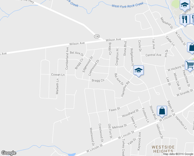 map of restaurants, bars, coffee shops, grocery stores, and more near 608 Bragg Circle in Tullahoma