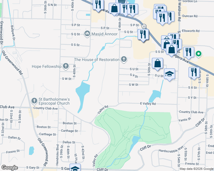 map of restaurants, bars, coffee shops, grocery stores, and more near 17 Berry Hill Road in Fort Smith