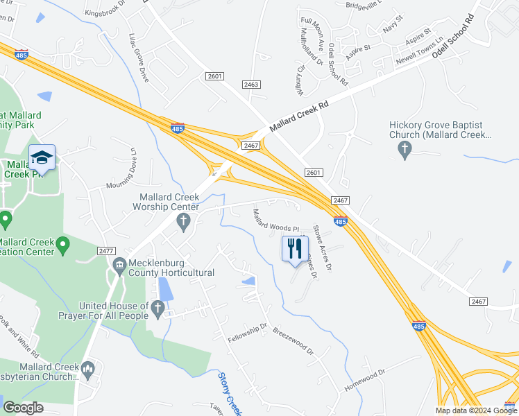 map of restaurants, bars, coffee shops, grocery stores, and more near 2140 Mallard Woods Place in Charlotte