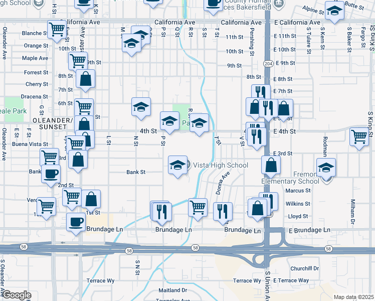 map of restaurants, bars, coffee shops, grocery stores, and more near 601 4th Street in Bakersfield