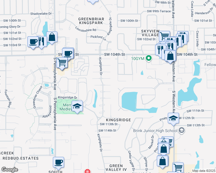 map of restaurants, bars, coffee shops, grocery stores, and more near 11000 Kingsgate Drive in Oklahoma City