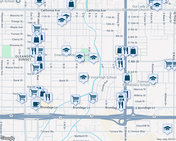 map of restaurants, bars, coffee shops, grocery stores, and more near 601 4th Street in Bakersfield