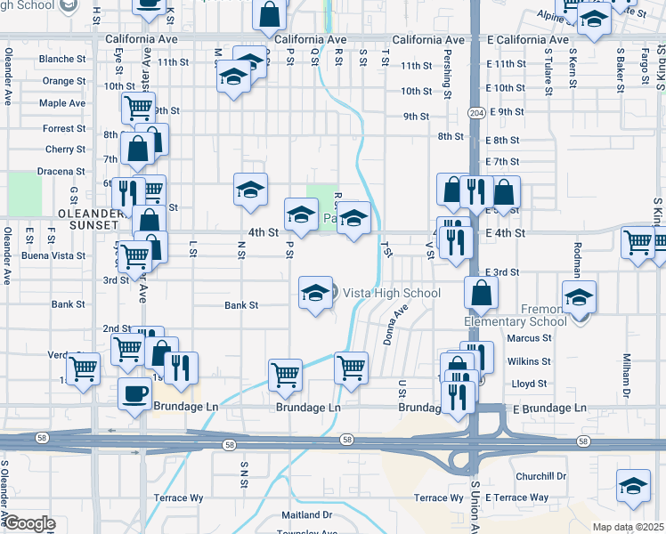 map of restaurants, bars, coffee shops, grocery stores, and more near 601 4th Street in Bakersfield