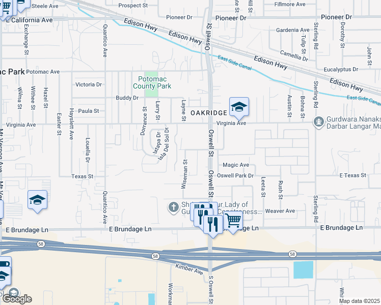 map of restaurants, bars, coffee shops, grocery stores, and more near 3017 Alloway Lane in Bakersfield