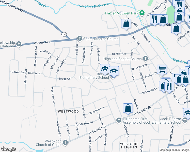 map of restaurants, bars, coffee shops, grocery stores, and more near 608 Glendale Place in Tullahoma