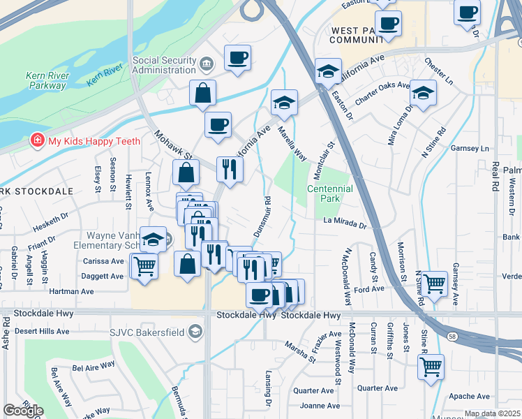 map of restaurants, bars, coffee shops, grocery stores, and more near 5100 Dunsmuir Road in Bakersfield