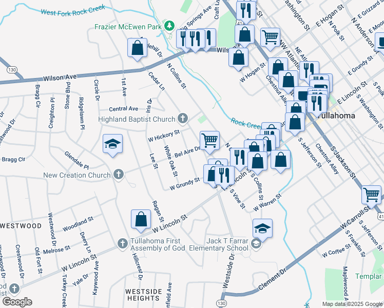 map of restaurants, bars, coffee shops, grocery stores, and more near 707 Bel Aire Drive in Tullahoma