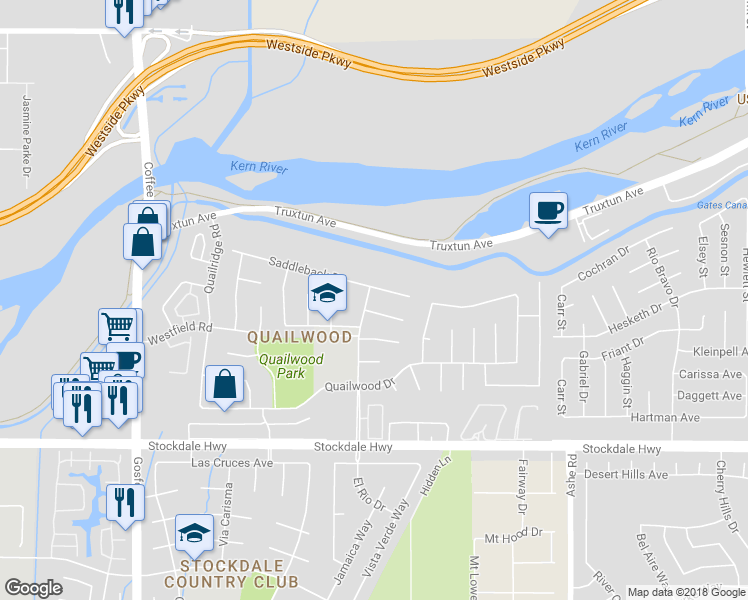 map of restaurants, bars, coffee shops, grocery stores, and more near 704 North El Rio Drive in Bakersfield