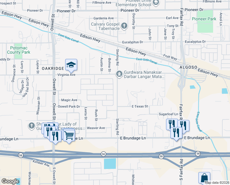 map of restaurants, bars, coffee shops, grocery stores, and more near 623 Broken Arrow Avenue in Bakersfield