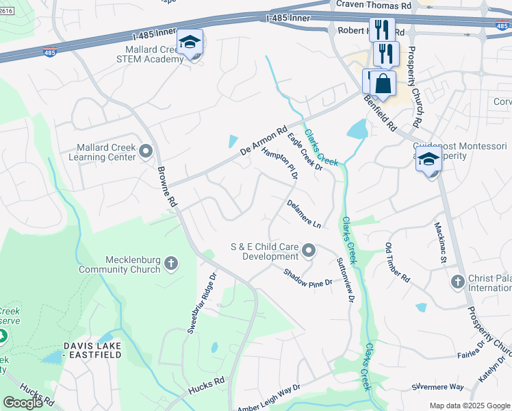 map of restaurants, bars, coffee shops, grocery stores, and more near 12122 Brownestone View Drive in Charlotte