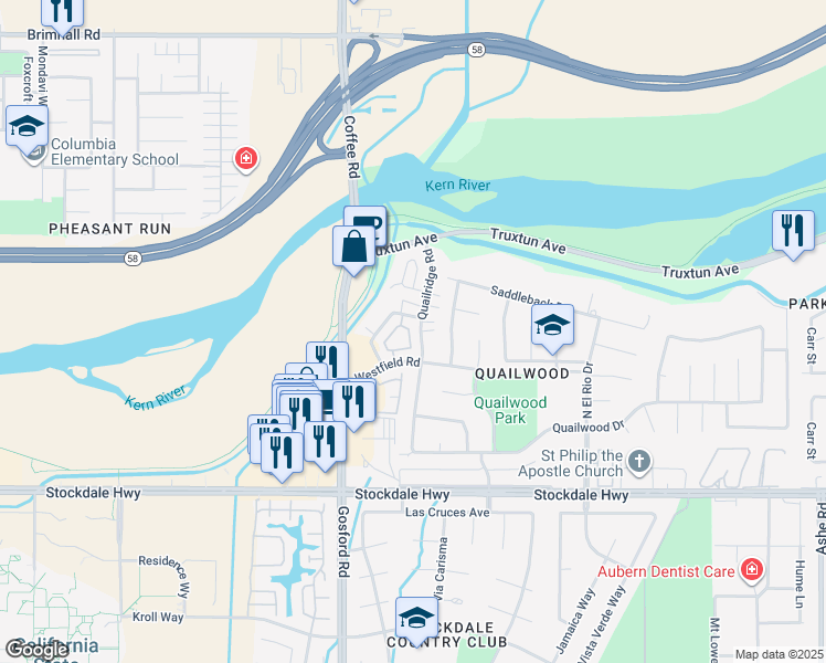 map of restaurants, bars, coffee shops, grocery stores, and more near 7800 Westfield Road in Bakersfield