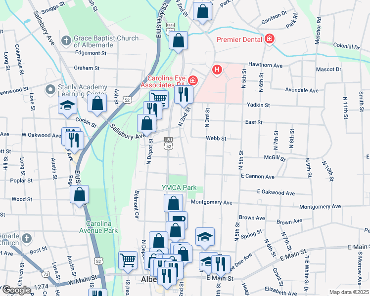 map of restaurants, bars, coffee shops, grocery stores, and more near 724 North 2nd Street in Albemarle