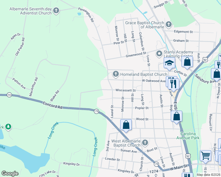 map of restaurants, bars, coffee shops, grocery stores, and more near 1322 Wiscassett Street in Albemarle