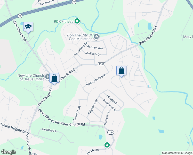 map of restaurants, bars, coffee shops, grocery stores, and more near 4136 Broadstairs Drive Southwest in Concord