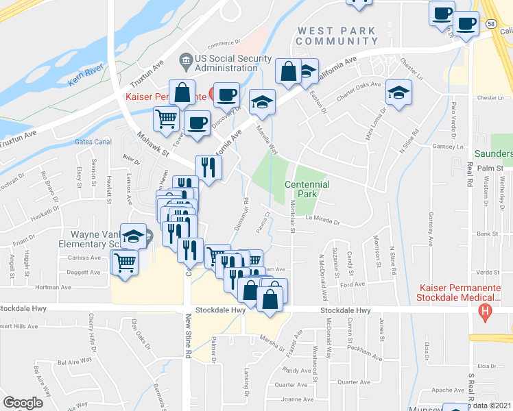 map of restaurants, bars, coffee shops, grocery stores, and more near 5101 La Mirada Drive in Bakersfield