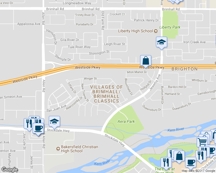 map of restaurants, bars, coffee shops, grocery stores, and more near 206 Cannongate Drive in Bakersfield