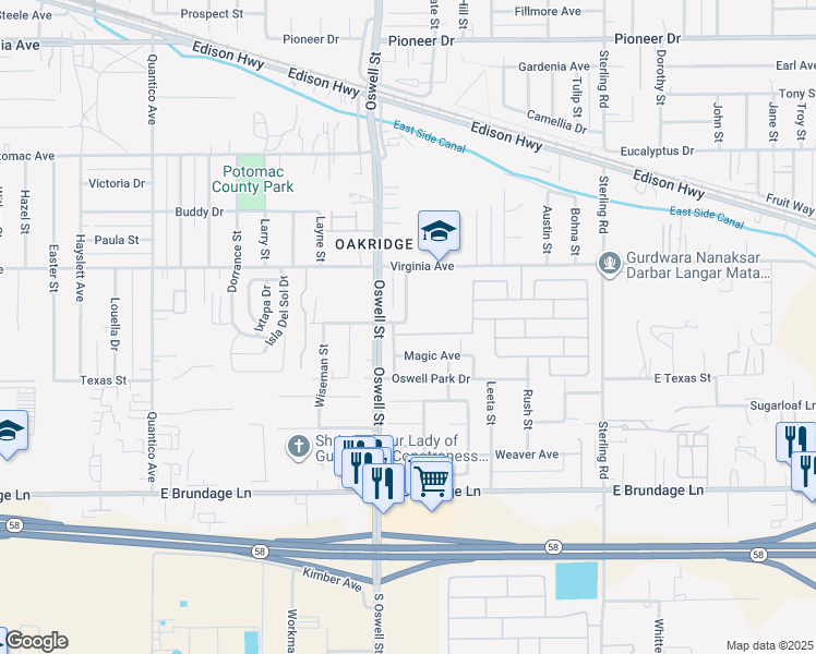 map of restaurants, bars, coffee shops, grocery stores, and more near 5002 Canyon Peak Drive in Bakersfield