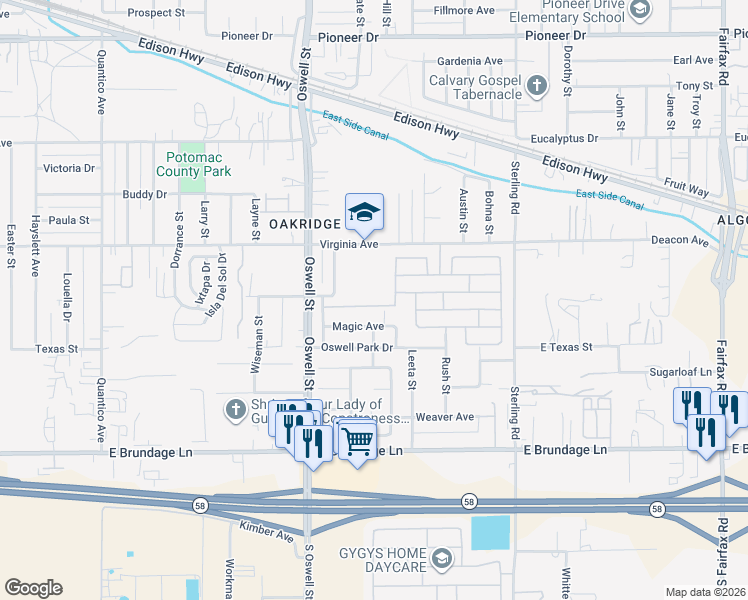 map of restaurants, bars, coffee shops, grocery stores, and more near 5108 Canyon Peak Drive in Bakersfield