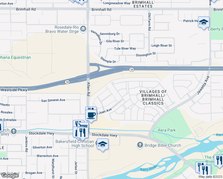map of restaurants, bars, coffee shops, grocery stores, and more near 240 Woodbourne Drive in Bakersfield