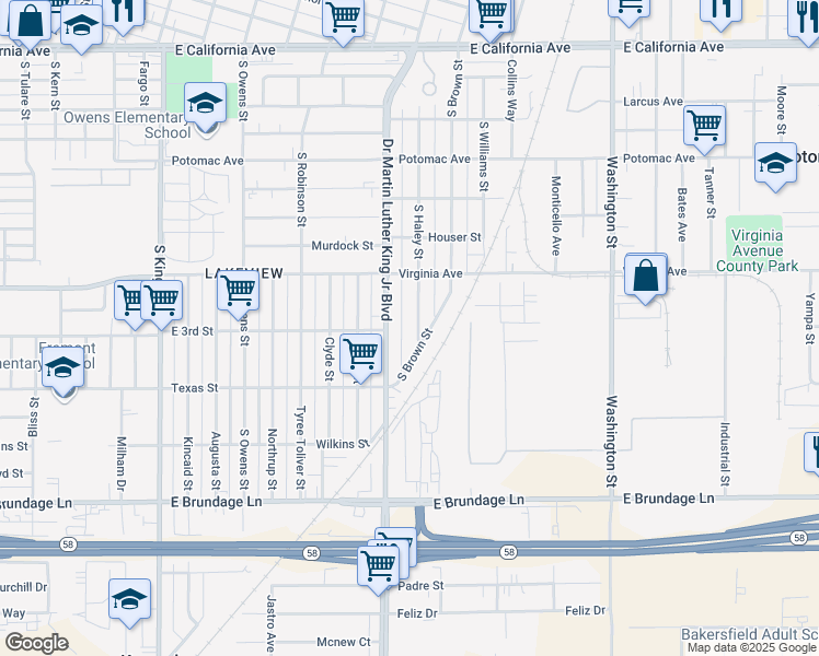 map of restaurants, bars, coffee shops, grocery stores, and more near 302 South Haley Street in Bakersfield