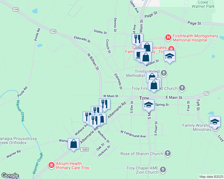 map of restaurants, bars, coffee shops, grocery stores, and more near 127 Nance Street in Troy