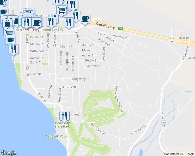 map of restaurants, bars, coffee shops, grocery stores, and more near 404 Tulare Avenue in Morro Bay