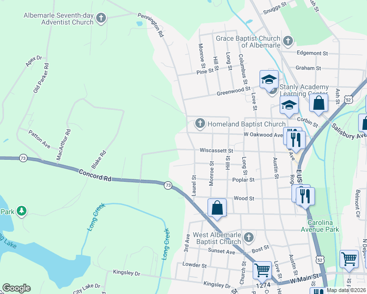map of restaurants, bars, coffee shops, grocery stores, and more near 1322 Wiscassett Street in Albemarle