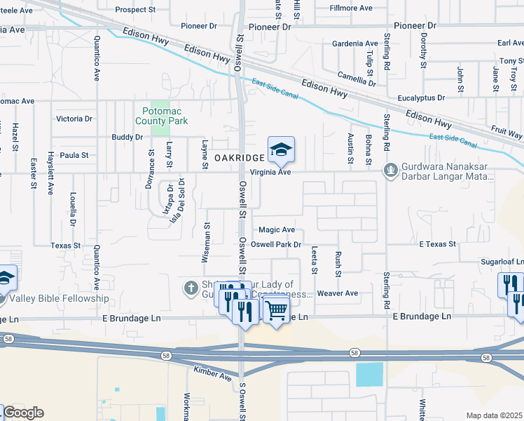 map of restaurants, bars, coffee shops, grocery stores, and more near 5002 Canyon Peak Drive in Bakersfield