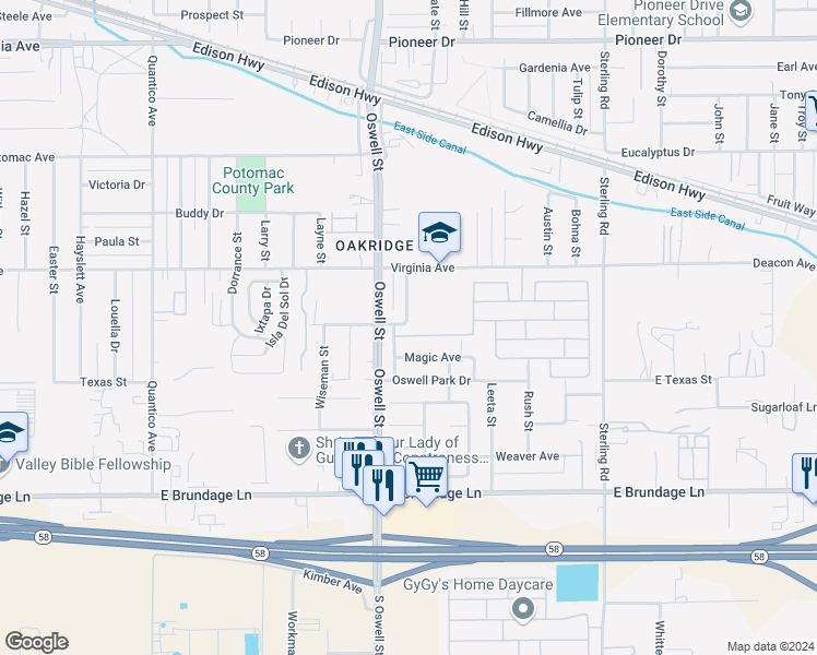 map of restaurants, bars, coffee shops, grocery stores, and more near 5002 Canyon Peak Drive in Bakersfield