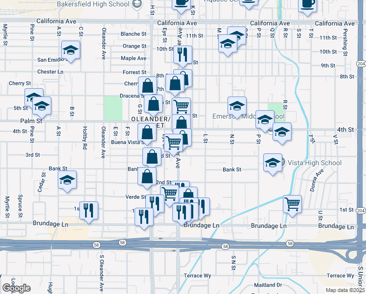 map of restaurants, bars, coffee shops, grocery stores, and more near 315 Chester Avenue in Bakersfield