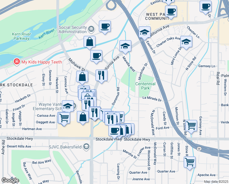 map of restaurants, bars, coffee shops, grocery stores, and more near 5100 Dunsmuir Road in Bakersfield