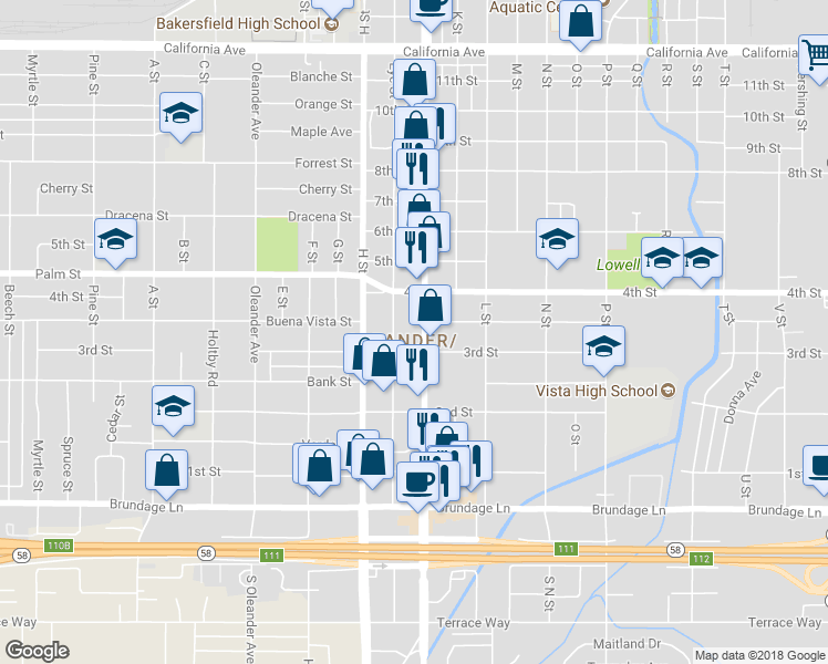 map of restaurants, bars, coffee shops, grocery stores, and more near 315 Chester Avenue in Bakersfield