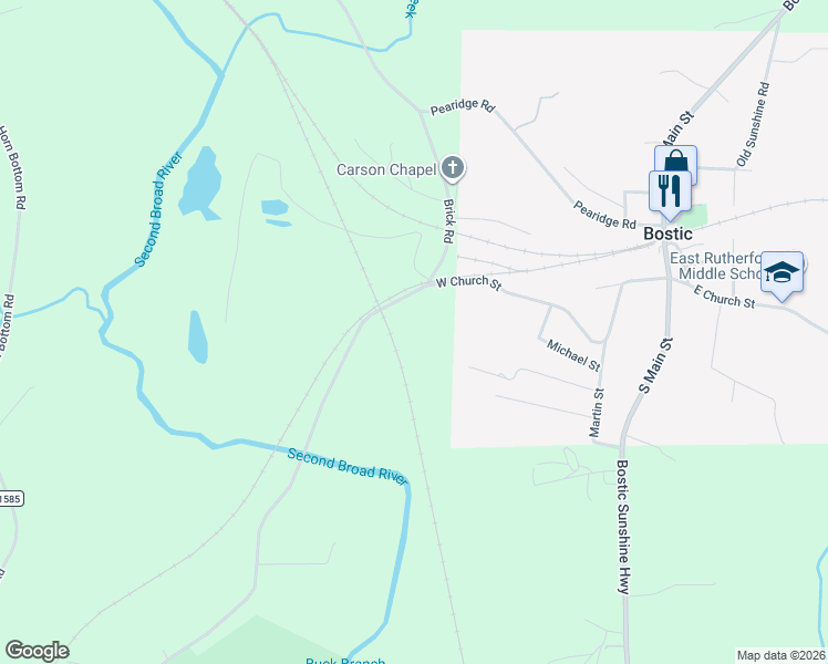 map of restaurants, bars, coffee shops, grocery stores, and more near 491 West Church Street in Bostic