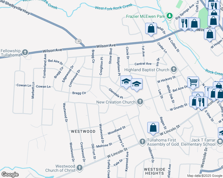 map of restaurants, bars, coffee shops, grocery stores, and more near 608 Glendale Place in Tullahoma
