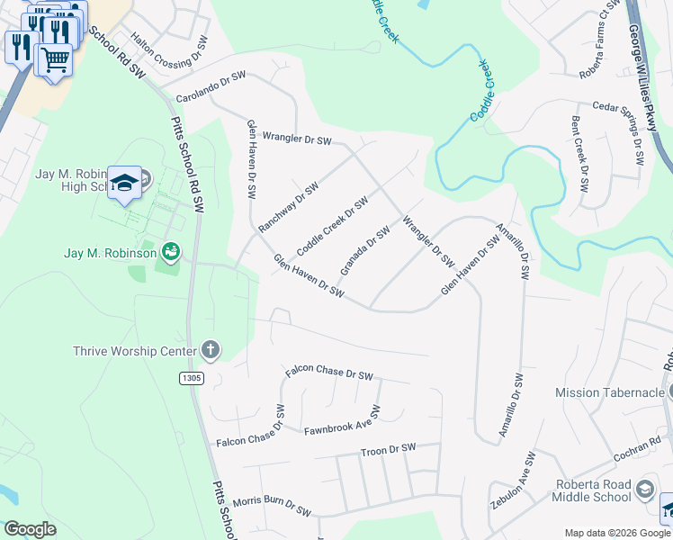 map of restaurants, bars, coffee shops, grocery stores, and more near 4346 Granada Drive Southwest in Concord