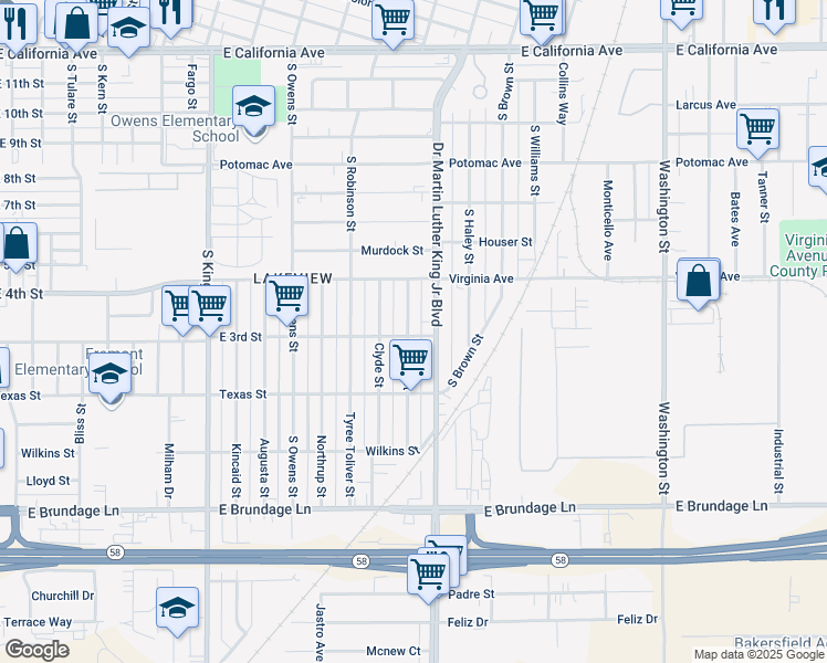map of restaurants, bars, coffee shops, grocery stores, and more near 301 Clifton Street in Bakersfield