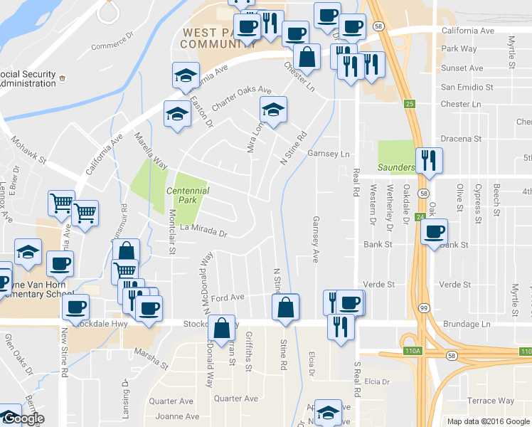 map of restaurants, bars, coffee shops, grocery stores, and more near 223 North Stine Road in Bakersfield