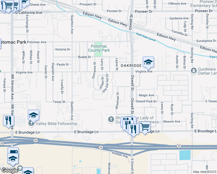 map of restaurants, bars, coffee shops, grocery stores, and more near 201 Isla Del Sol Drive in Bakersfield