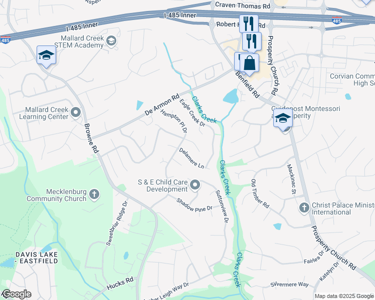 map of restaurants, bars, coffee shops, grocery stores, and more near 8522 Delamere Lane in Charlotte