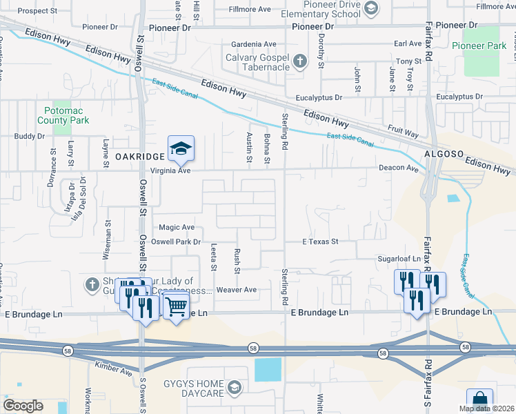 map of restaurants, bars, coffee shops, grocery stores, and more near 5509 Plute Pass Street in Bakersfield